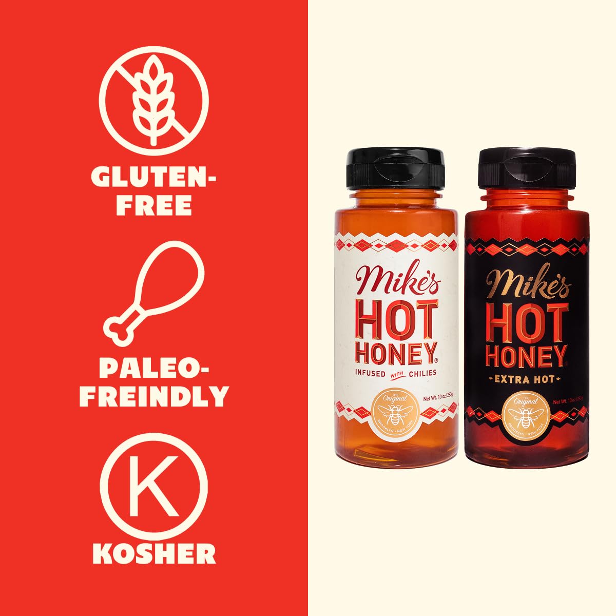 Mike's Hot Honey Original label close-up, showing pure ingredients.