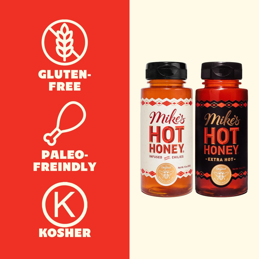 Mike's Hot Honey Original label close-up, showing pure ingredients.