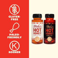 Mike's Hot Honey Original label close-up, showing pure ingredients.