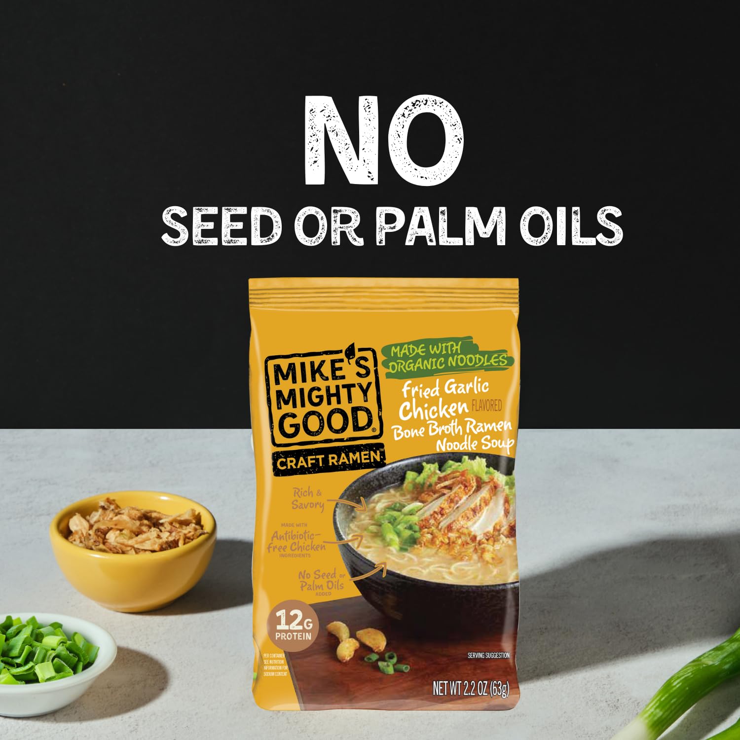 Mike's Mighty Good antibiotic-free chicken chunks—protein-rich topping closeup.