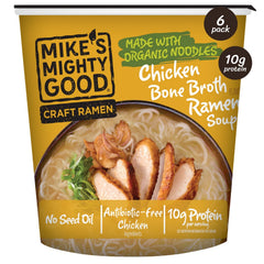 Mike's Mighty Good bone broth chicken ramen cup with rich flavor for quick meals.