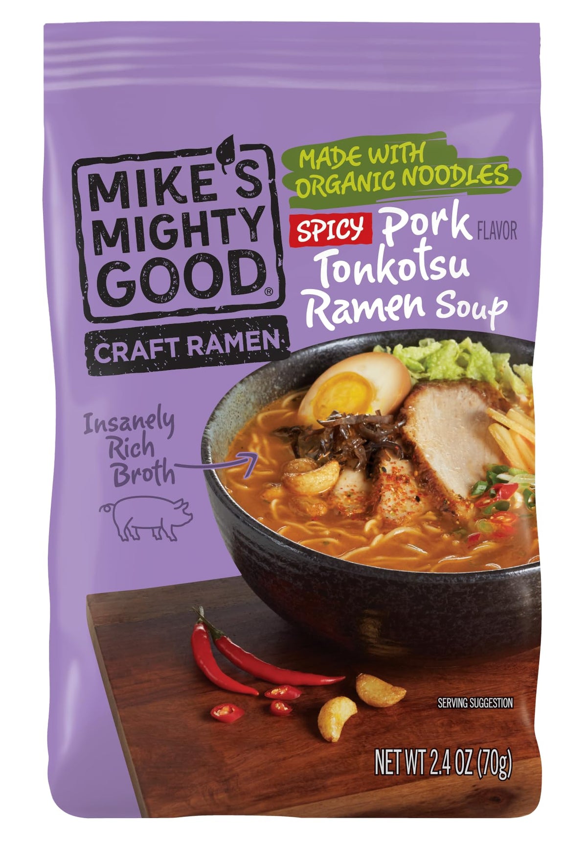 Mike's Mighty Good Craft Ramen box with Spicy Pork Tonkotsu, pantry-ready