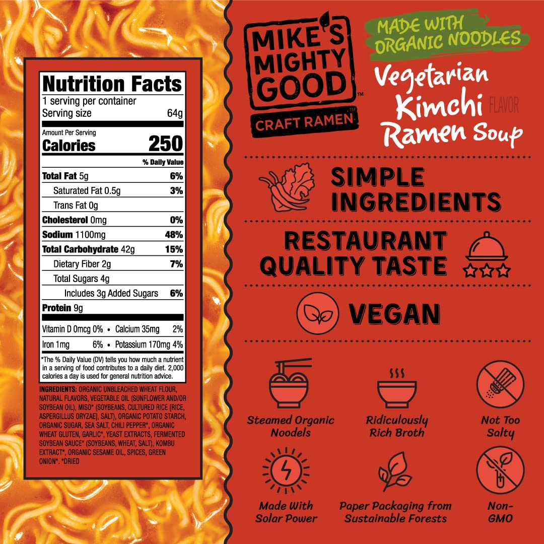 Mike's Mighty Good Craft Ramen noodles close-up highlighting organic, non-GMO ingredients.