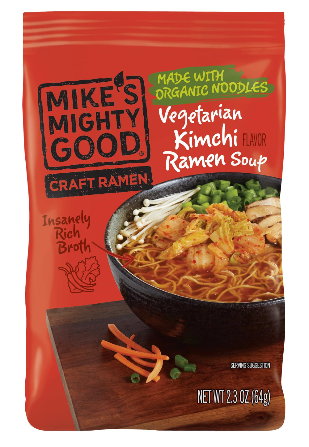 Mike's Mighty Good Craft Ramen pack showing vegan kimchi soup with organic noodles.