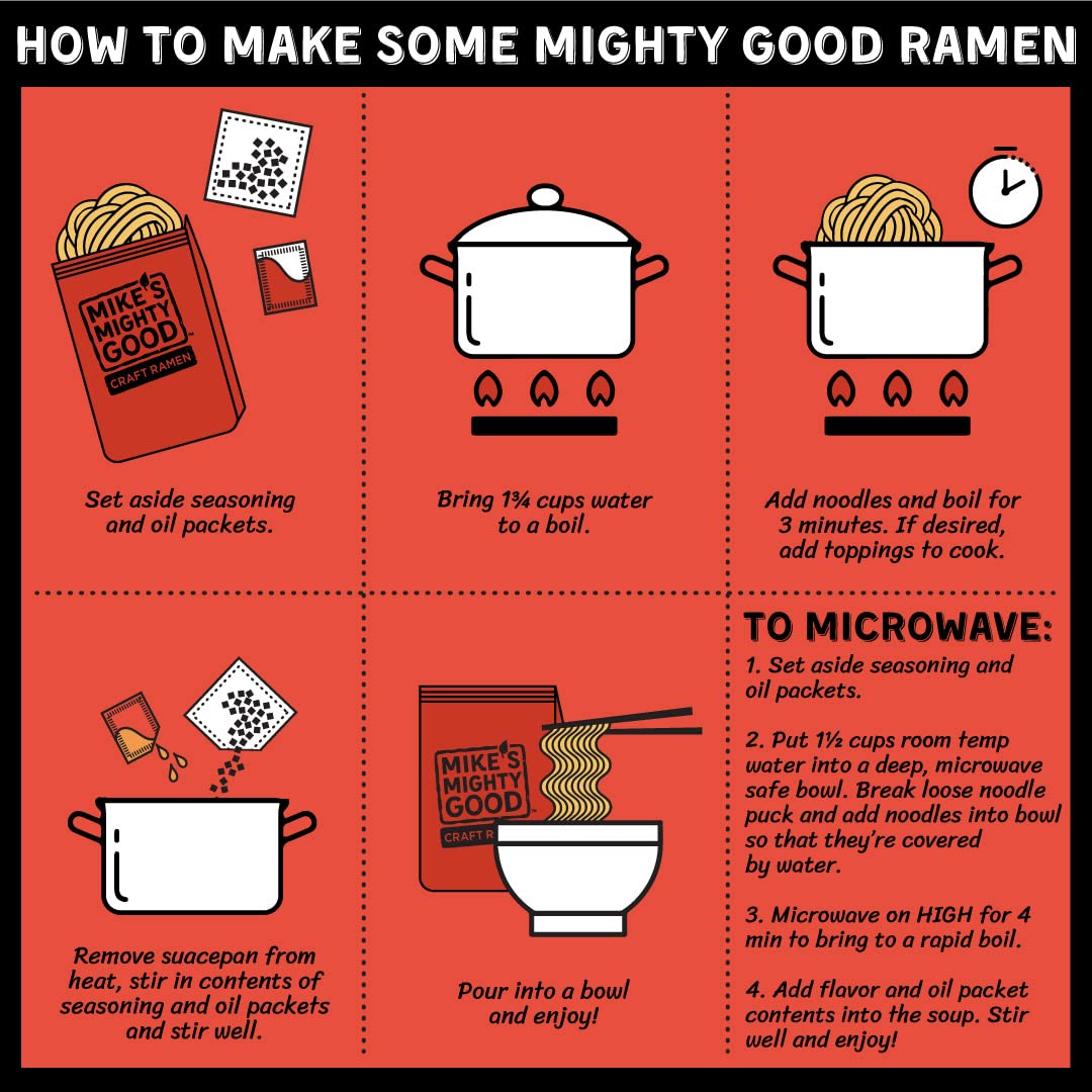 Mike's Mighty Good Craft Ramen bowl with steam and kimchi, ready in minutes.