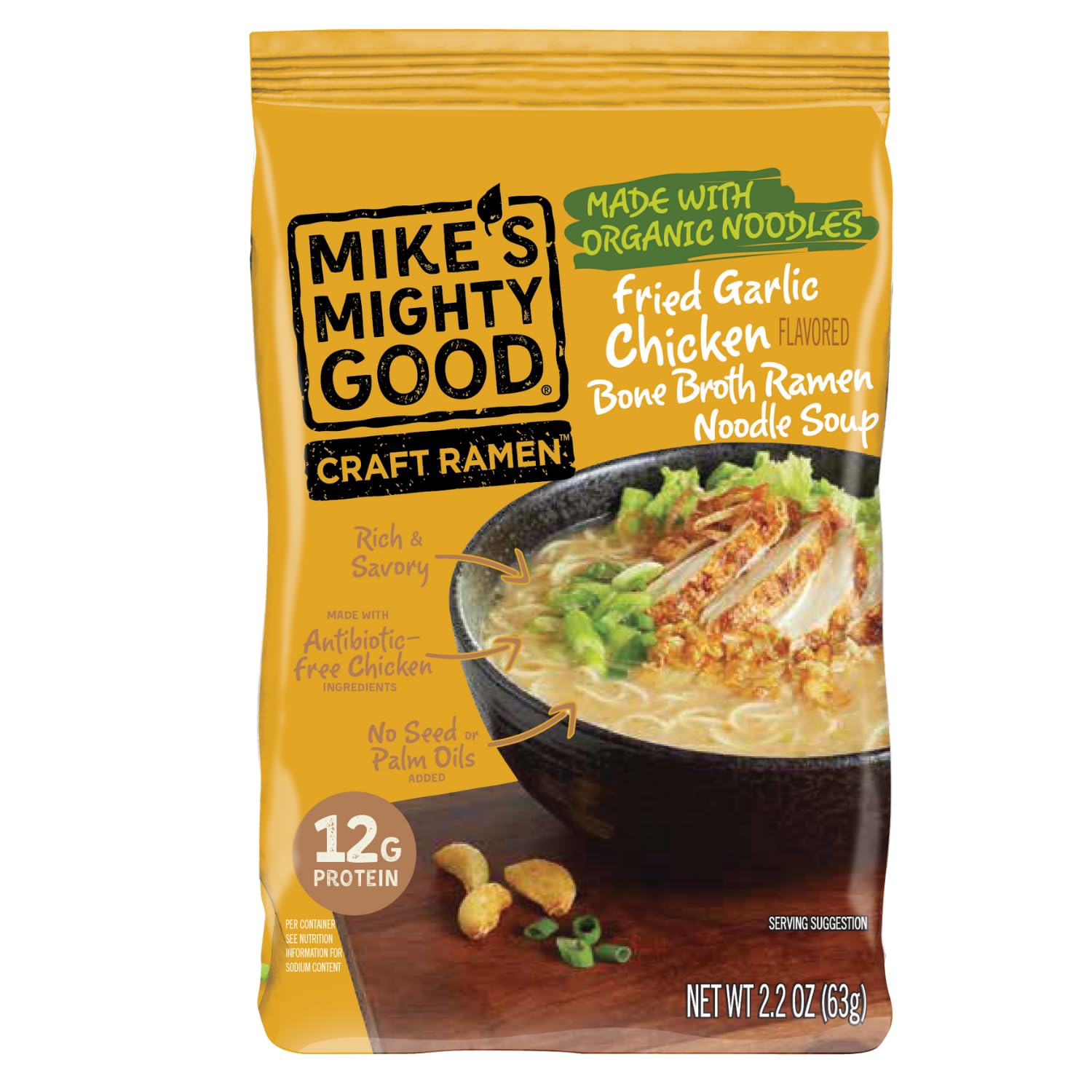 Mike's Mighty Good fried garlic chicken ramen pillow pack—hero image for comforting, protein-packed meals.
