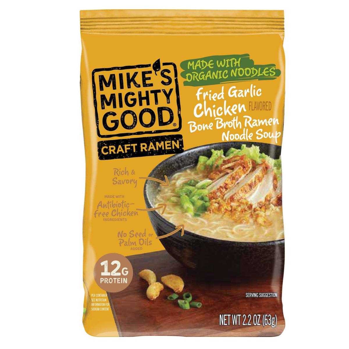 Mike's Mighty Good fried garlic chicken ramen pillow pack—hero image for comforting, protein-packed meals.