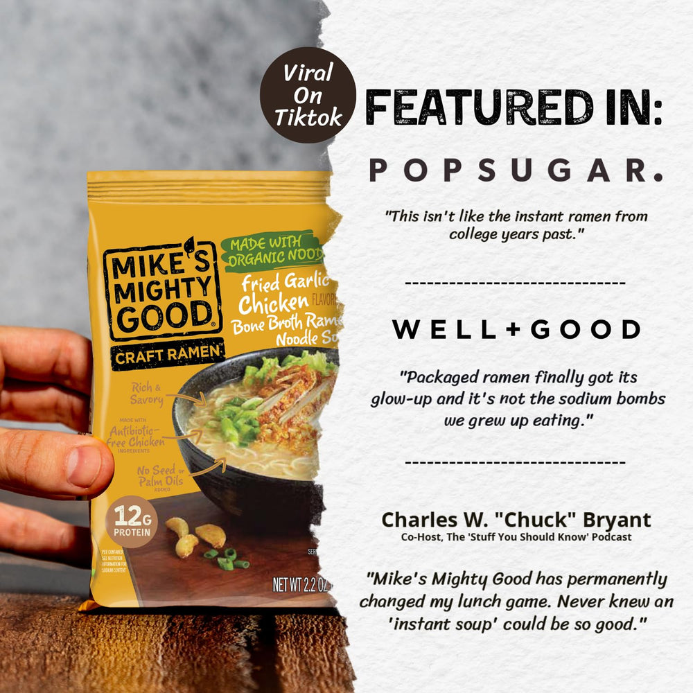 Mike's Mighty Good gourmet ramen serving with fried garlic topping—restaurant-quality at home.