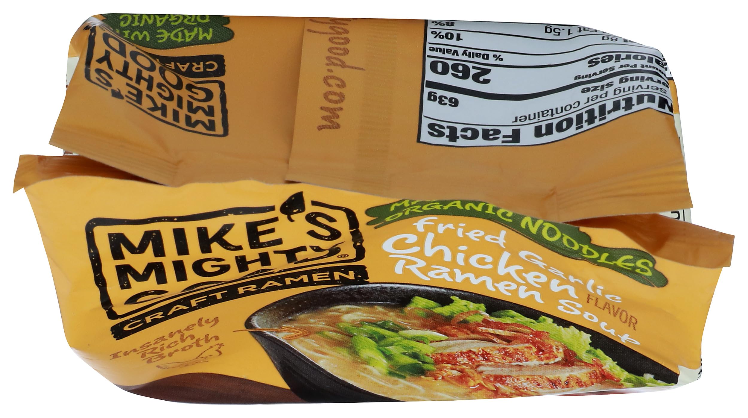 Mike's Mighty Good Organic Fried Garlic Chicken Ramen with garnish image evokes aroma