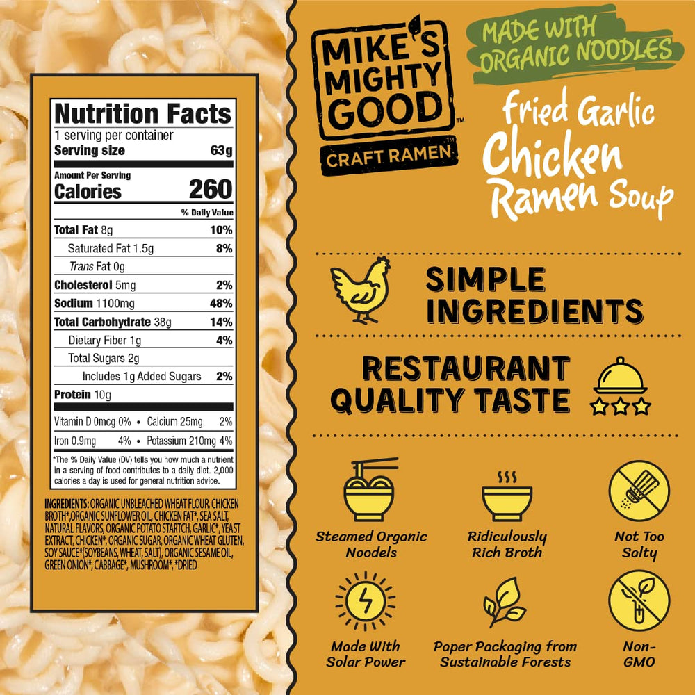 Mike's Mighty Good organic steamed noodles—closeup highlighting premium, non-GMO ingredients.