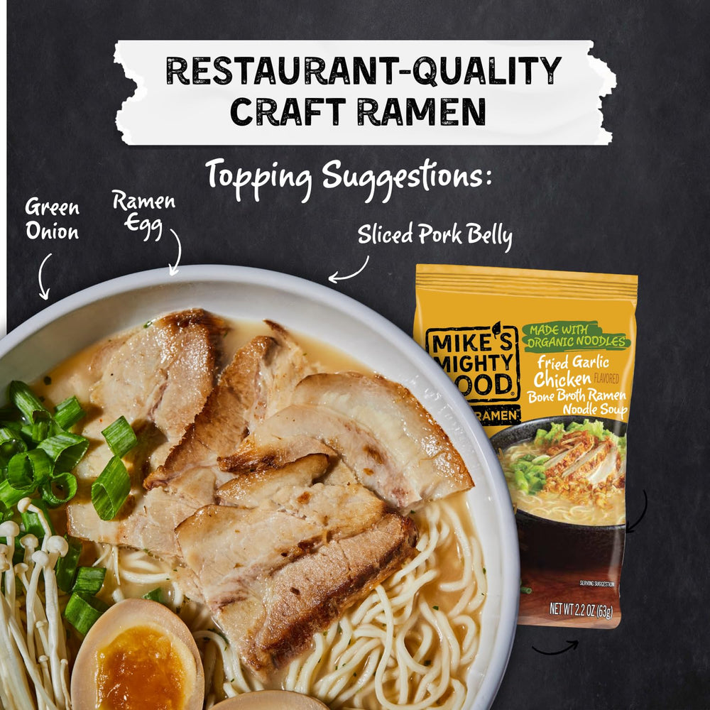 Mike's Mighty Good ramen in dorm or office—quick, convenient meal.