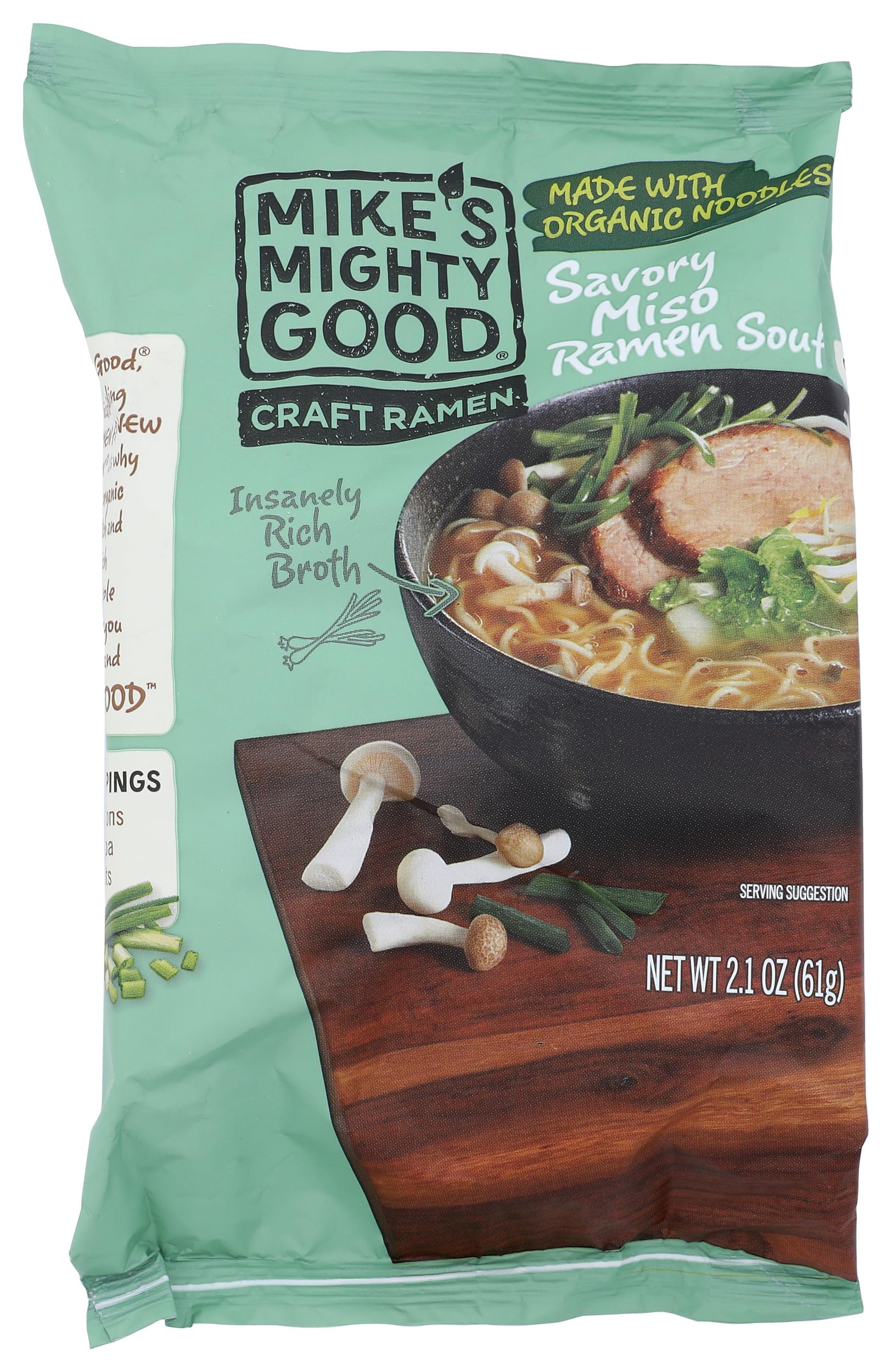 Mike's Mighty Good ramen miso pillow pack packaging shows compact design for quick pantry stocking.