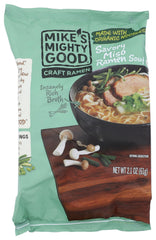 Mike's Mighty Good ramen miso pillow pack packaging shows compact design for quick pantry stocking.