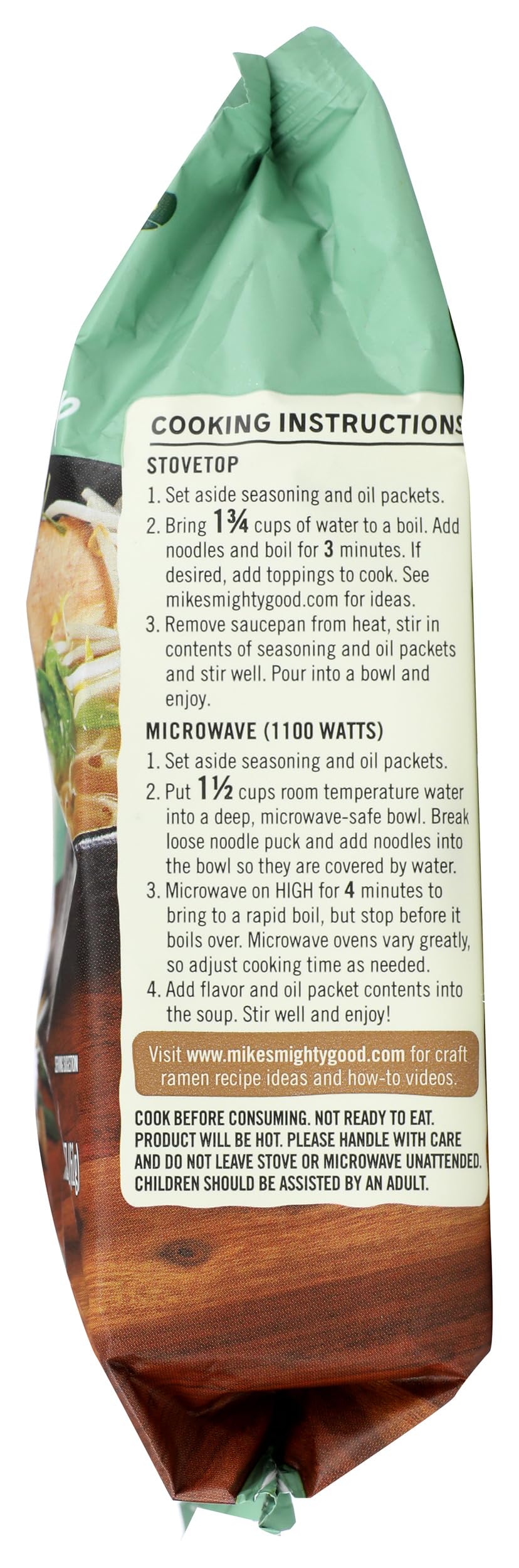 Mike's Mighty Good ramen miso pillow pack prep-step demonstrates simple cooking steps.