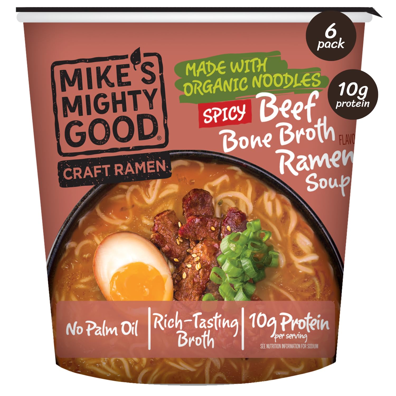 Mike's Mighty Good spicy beef bone broth ramen cup in a six-pack with rich aroma and color.