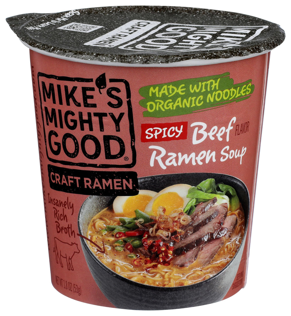 Mike's Mighty Good spicy beef ramen cup opening pack shows premium ingredients for quick meals.