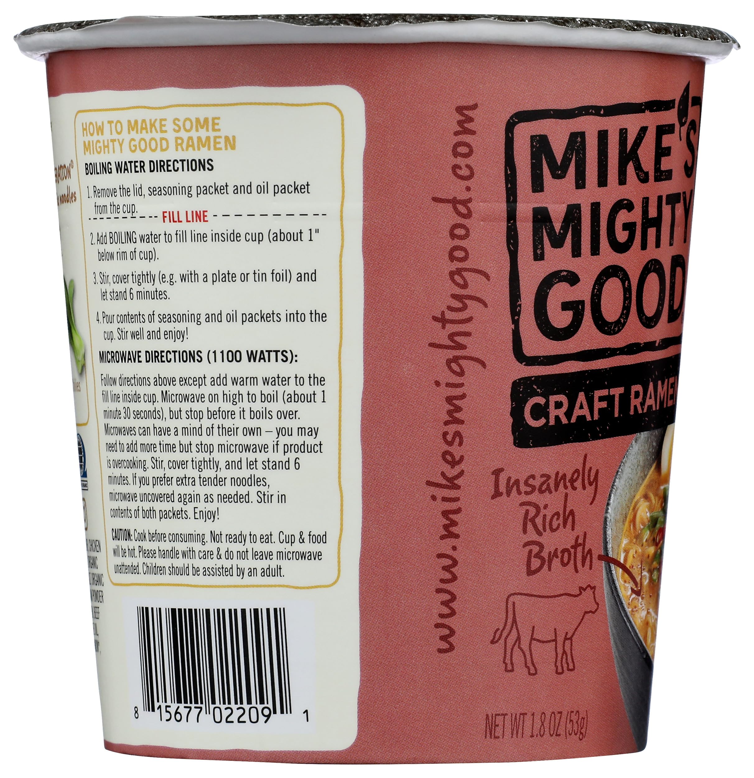 Mike's Mighty Good spicy beef ramen cup spice swirls indicate bold heat and aroma.