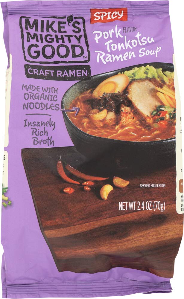 Mike's Mighty Good Tonkotsu Spicy Pillow Pack packaging highlights convenient, ready-to-make meals.