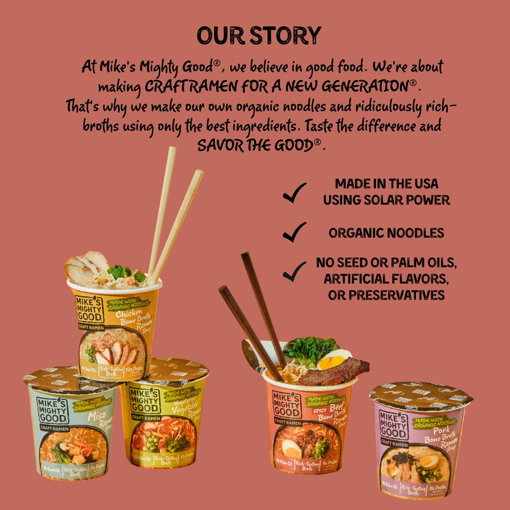 Mike's Mighty Good USA-made ramen produced in a solar-powered facility.