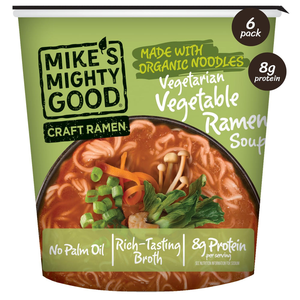 Mike’s Mighty Vegetarian Vegetable Ramen Cup broth close-up, showcasing rich flavor for comforting meals.