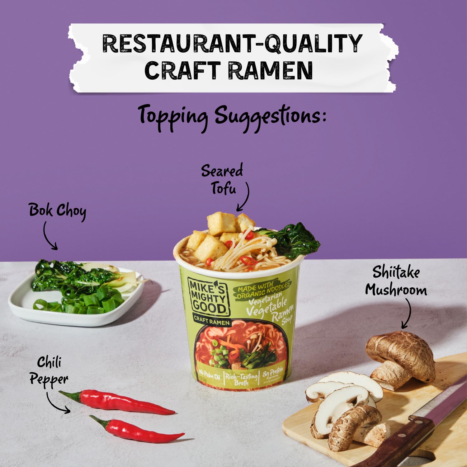 Mike’s Mighty Vegetarian Vegetable Ramen Cup pack-of-six-containers sits on a shelf.