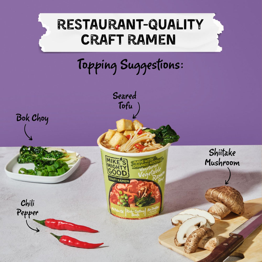 Mike’s Mighty Vegetarian Vegetable Ramen Cup pack-of-six-containers sits on a shelf.