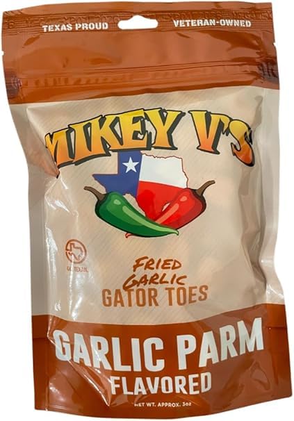 Mikey V's Garlic Parmesan Gator Toes in a bag front, perfect snack on the go