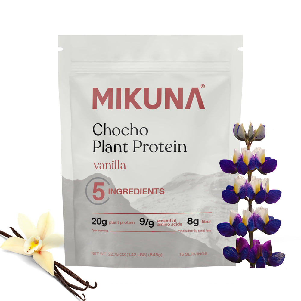 Mikuna Vanilla Protein Powder jar for smoothies with plant-based protein and clean ingredients.