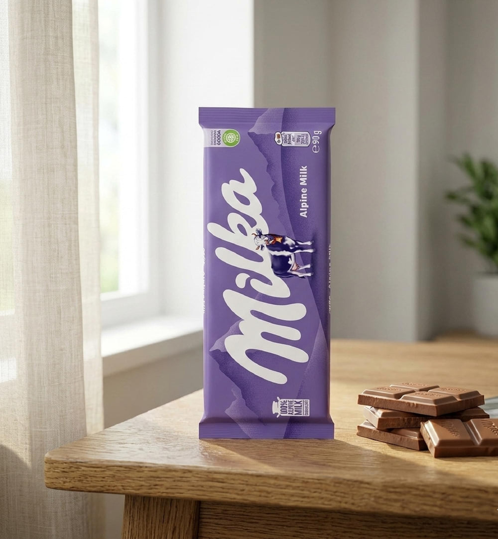 Two Milka Alpenmilch bars plated, perfect for dessert pairing