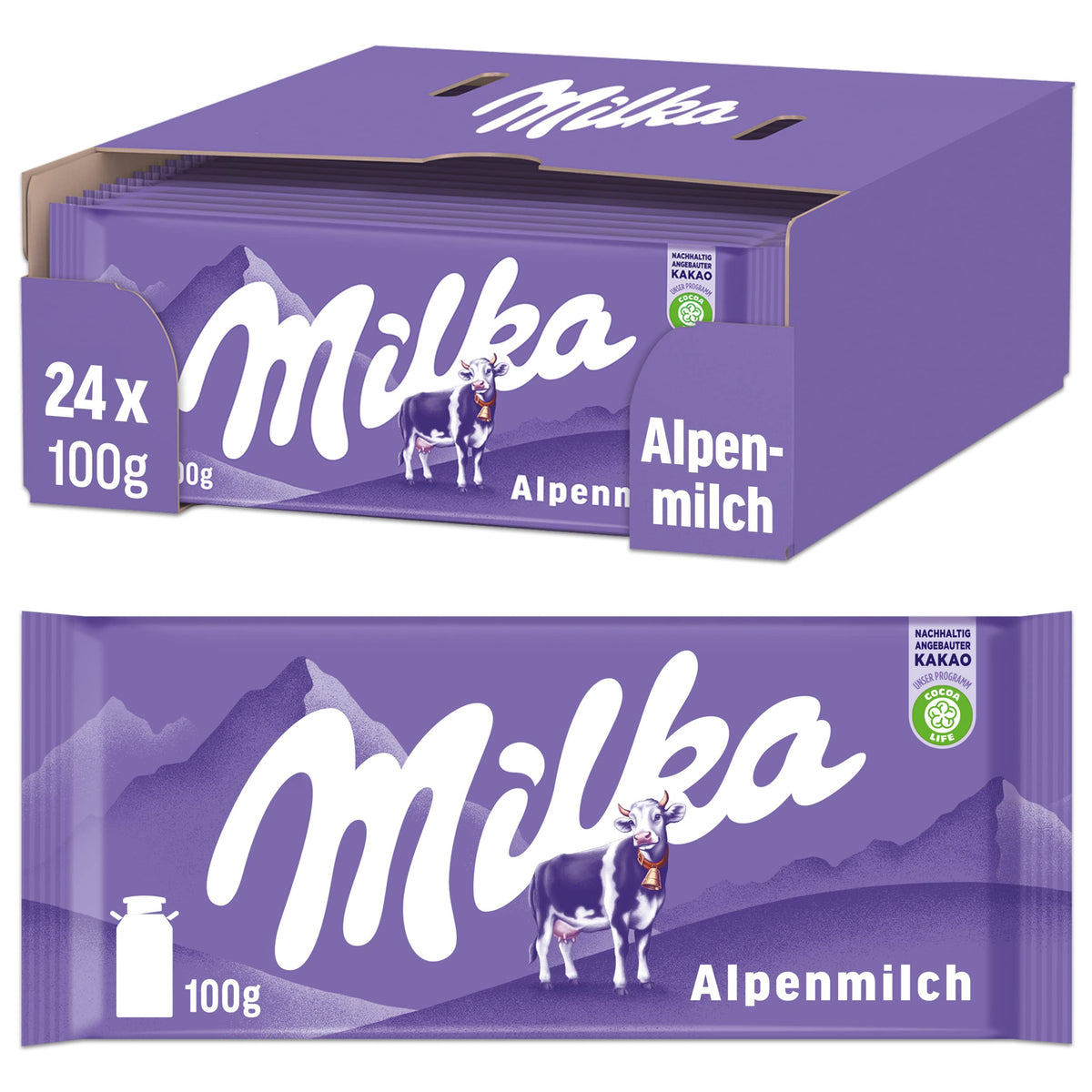 Milka Alpenmilch bar being unwrapped for a smooth melt.