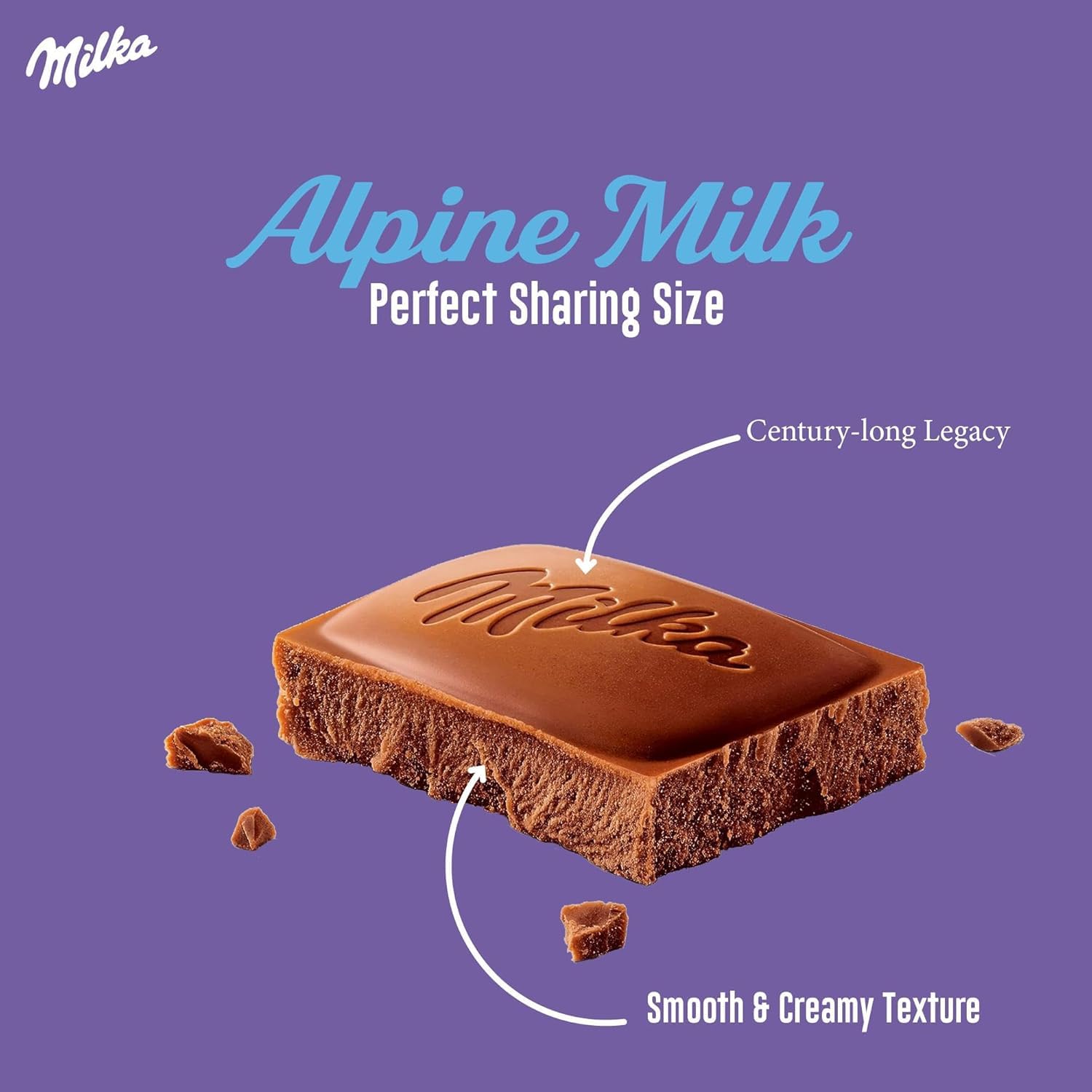 Milka Alpine Milk Chocolate bar break, rich melt-in-your-mouth experience.