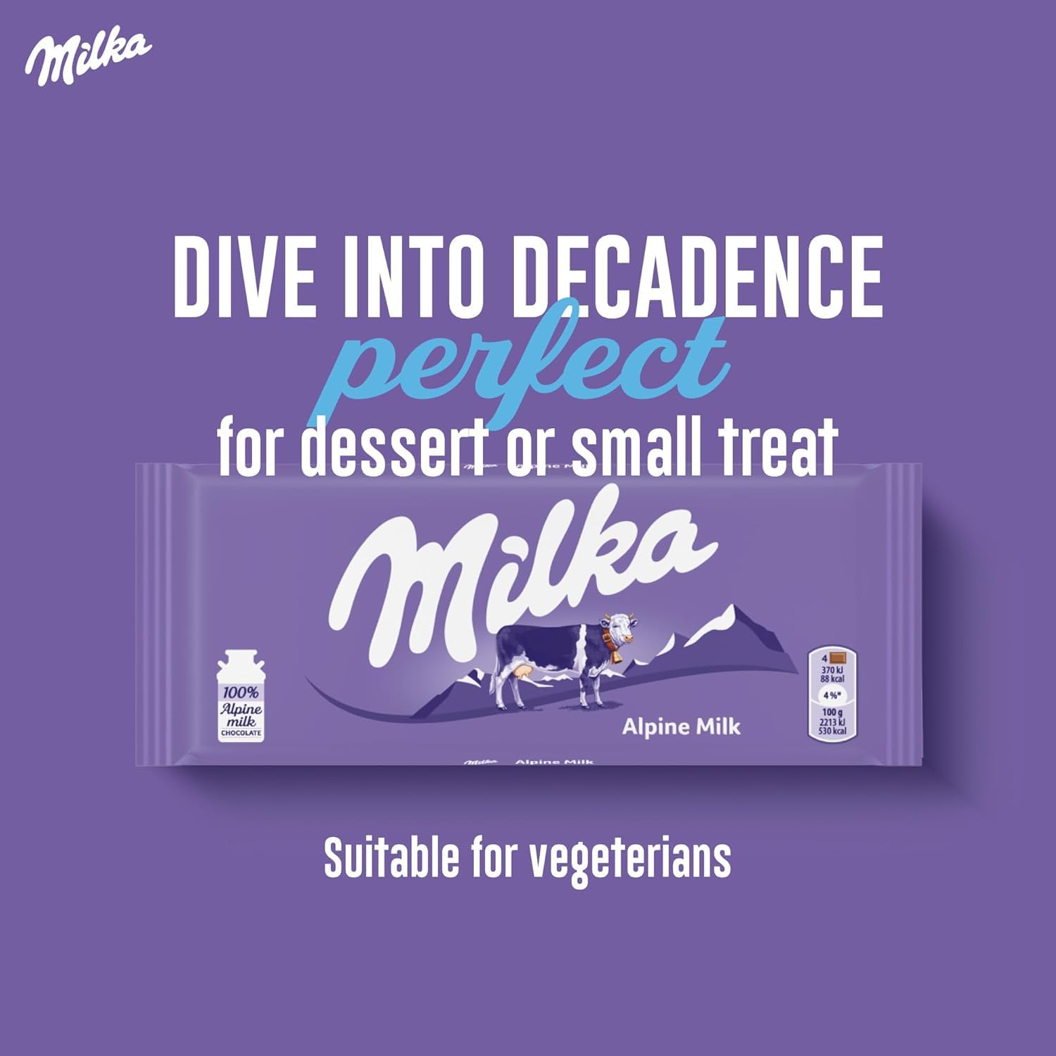 Milka Alpine Milk Chocolate closeup, creamy texture hints of alpine milk.