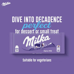 Milka Alpine Milk Chocolate closeup, creamy texture hints of alpine milk.