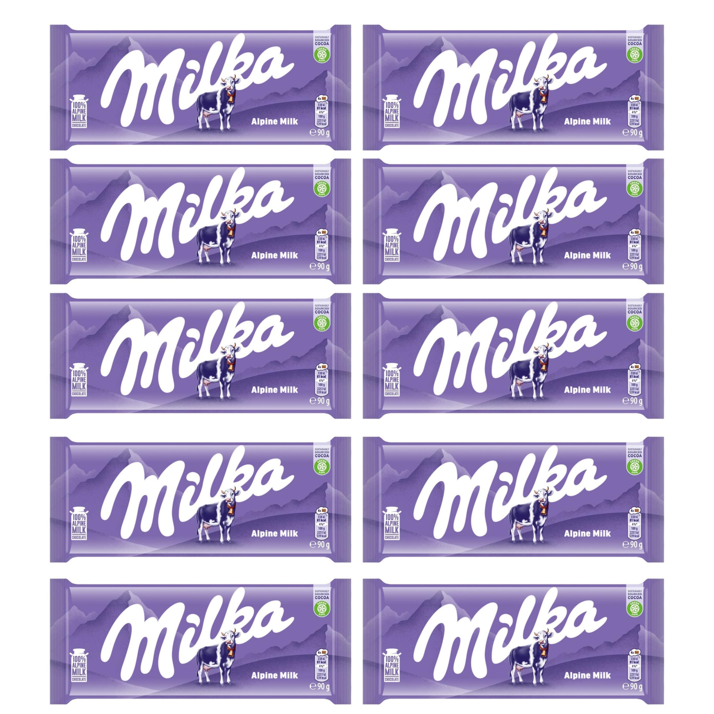 Milka Alpine Milk chocolate bar unwrapped, showcasing creamy alpine milk flavor.
