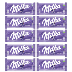 Milka Alpine Milk chocolate bar unwrapped, showcasing creamy alpine milk flavor.