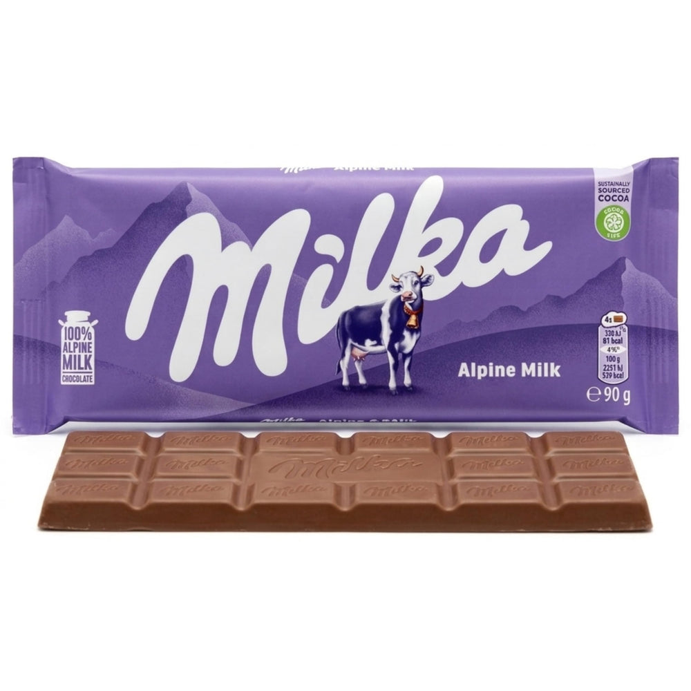 Milka Alpine Milk packaging highlights European origin and premium quality.