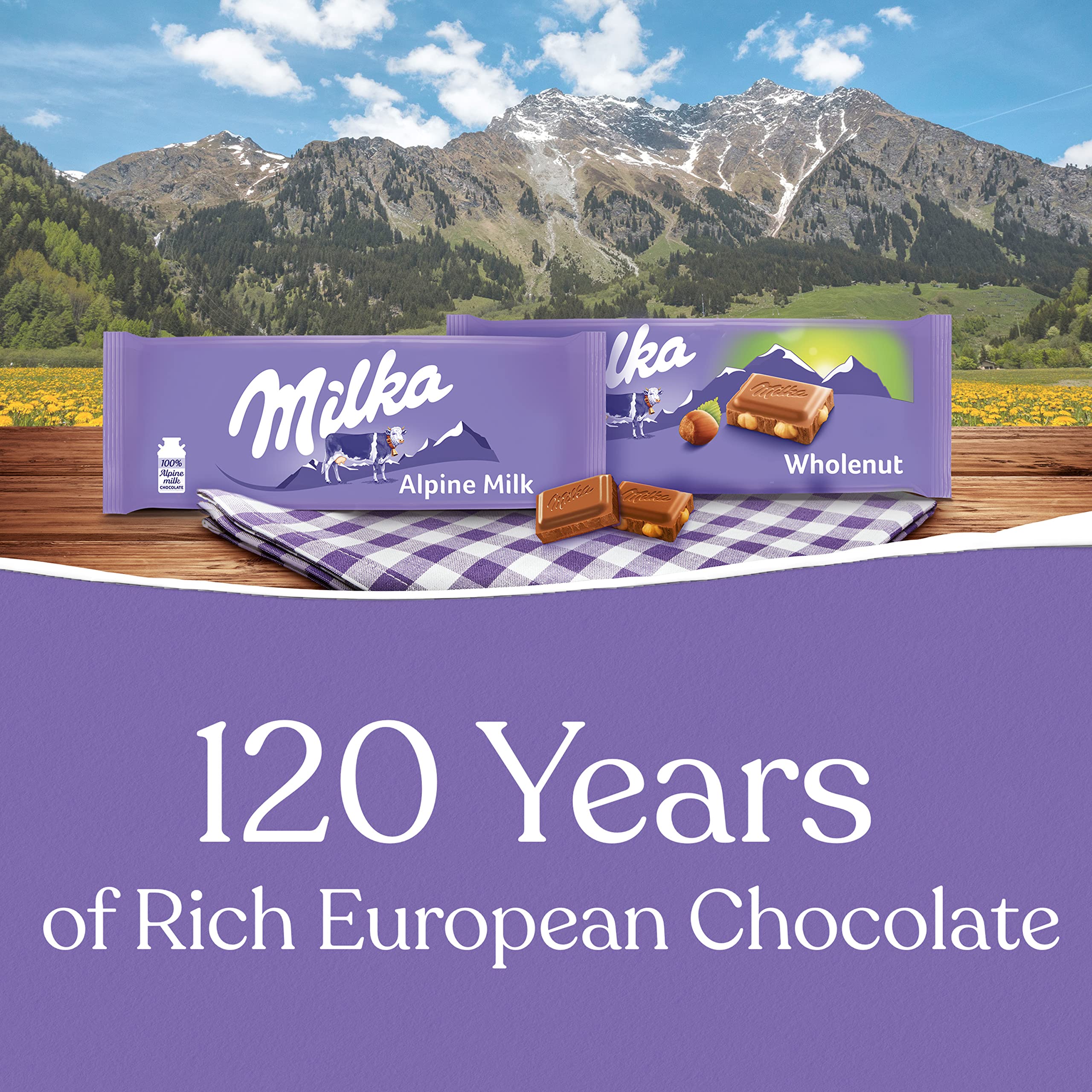 Milka Alpine Milk chocolate packaging featuring Cocoa Life sustainability.