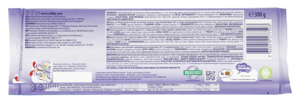 Milka Chocolate Oreo 300g back packaging highlights heritage and gifting appeal.