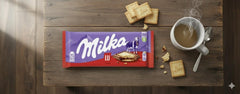 Milka Lu biscuits Alpine milk chocolate detail, creamy texture suggested.