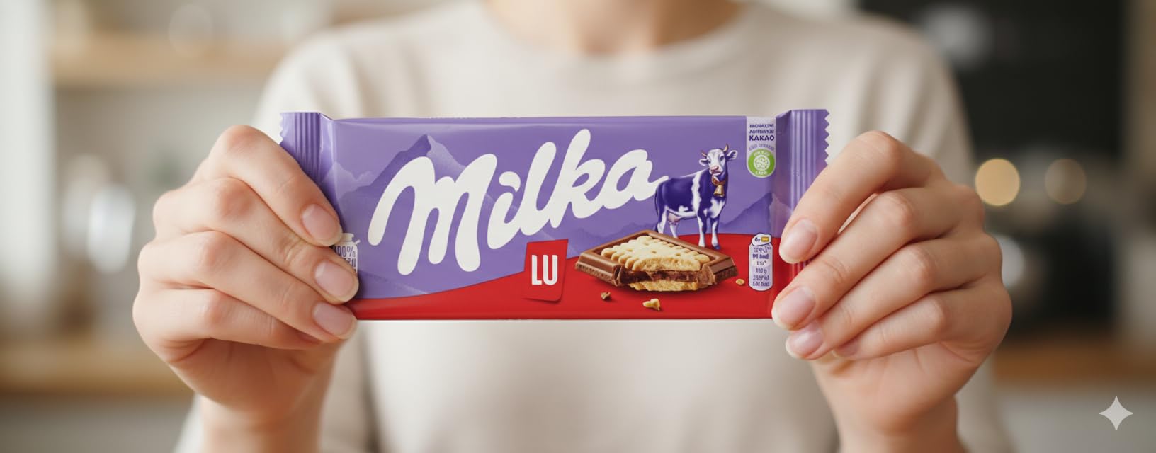 Milka Lu biscuits European import label signals premium quality.
