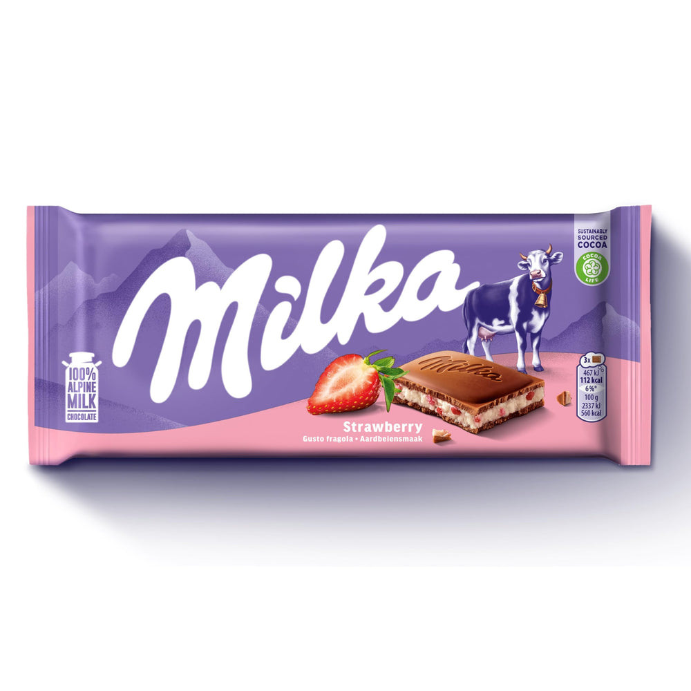 Milka Strawberry Yoghurt Chocolate bar, front view, creamy center ready to savor.