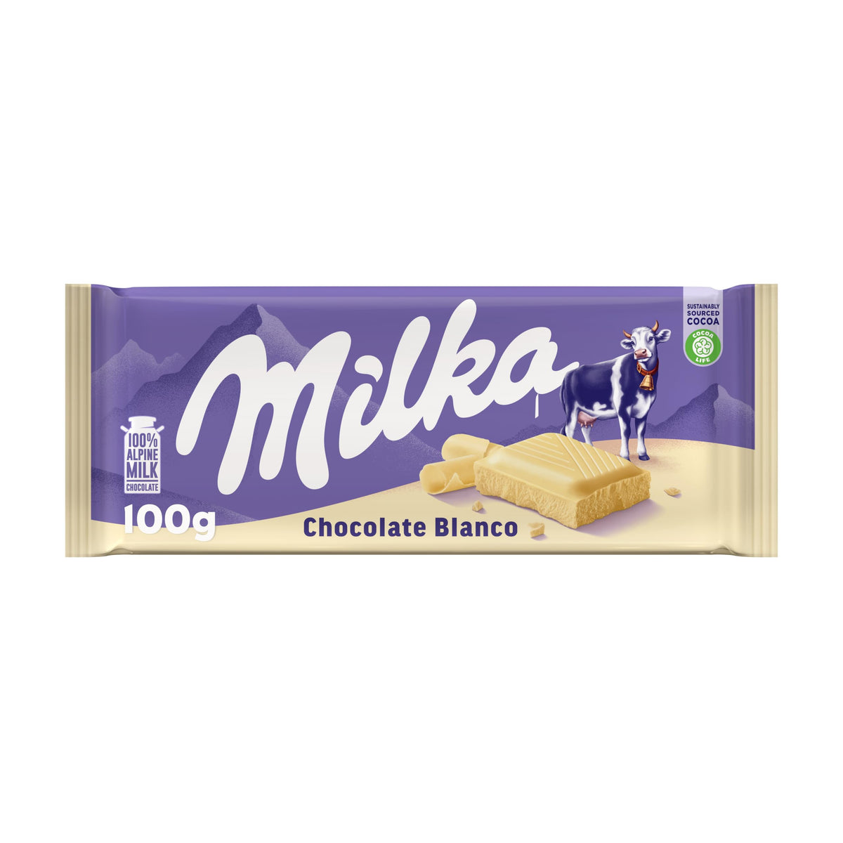 Milka White Chocolate 90g wrapped bar offers silky indulgence.