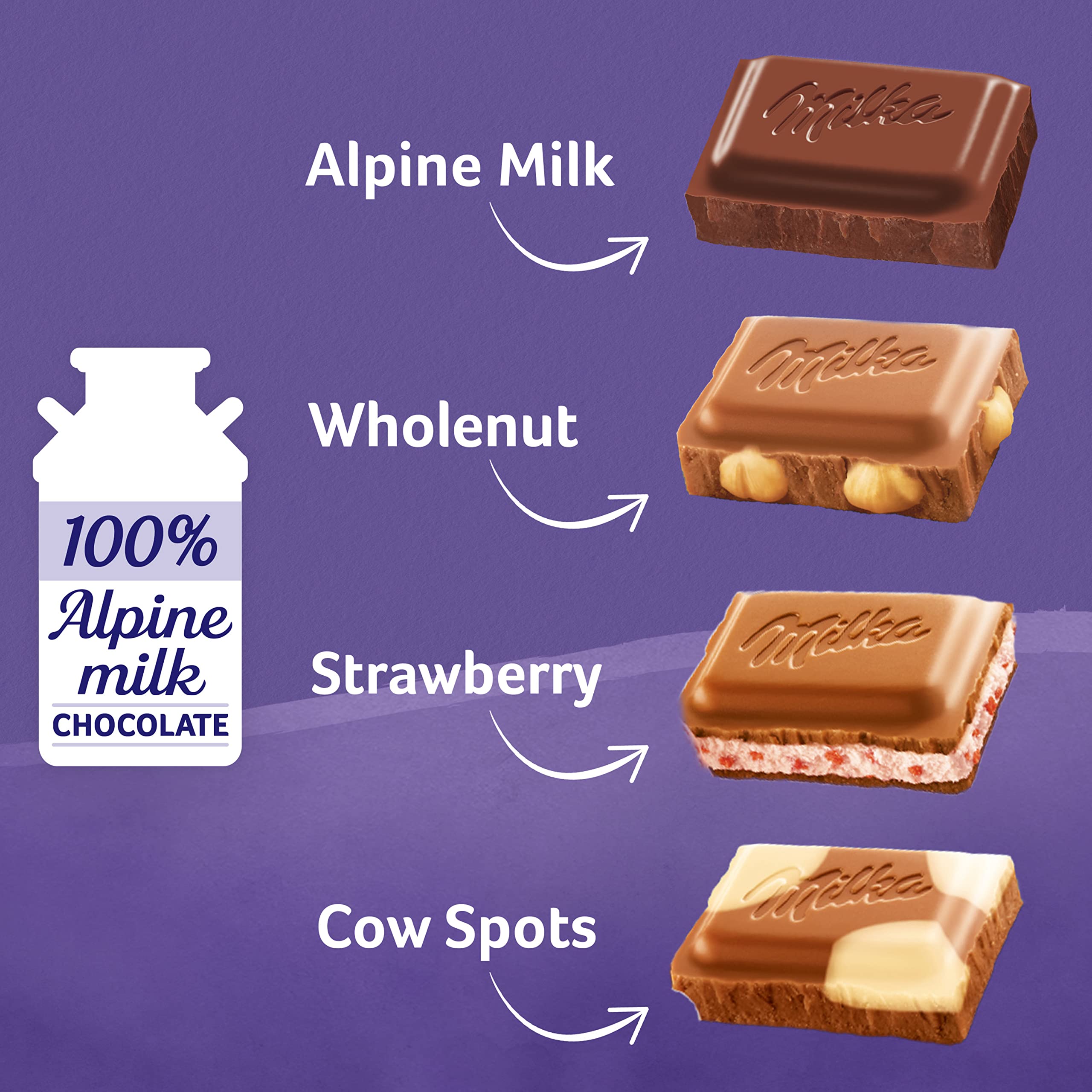 Milka Whole Nut Hazelnut bar shows visible hazelnuts and crunchy texture.