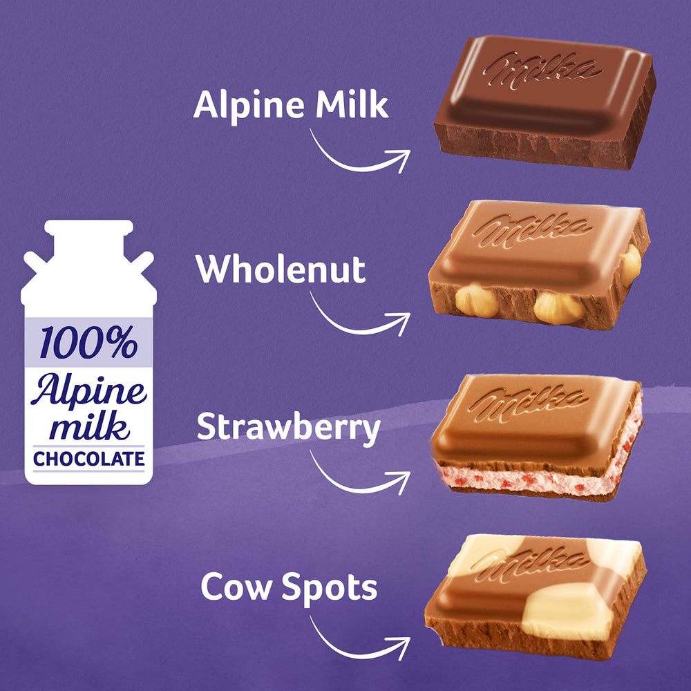 Milka Whole Nut Hazelnut bar shows visible hazelnuts and crunchy texture.