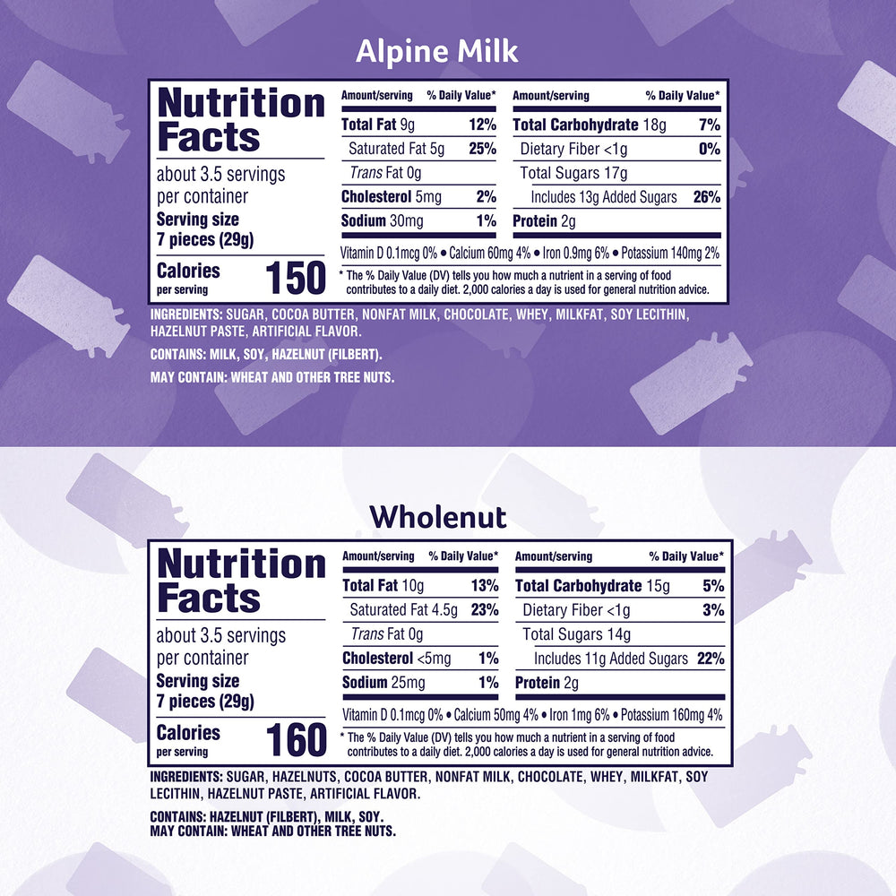 Milka Wholenut Hazelnut Chocolate bars close-up, rich hazelnut flavor for snacking.