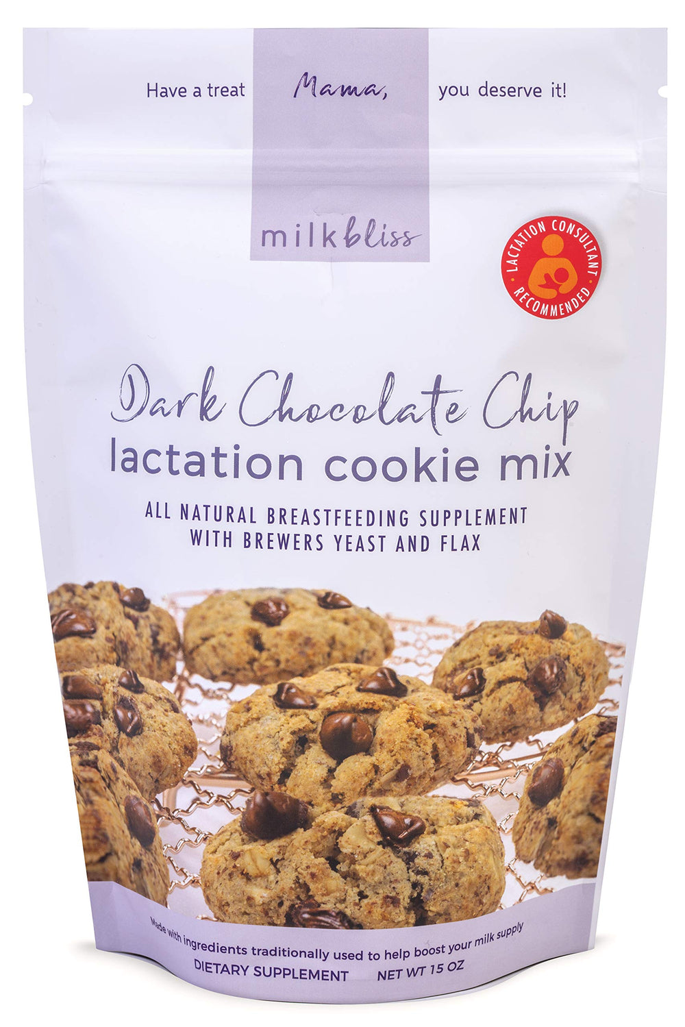 MilkBliss dark chocolate chip lactation cookie pack ready to bake for potential milk support.