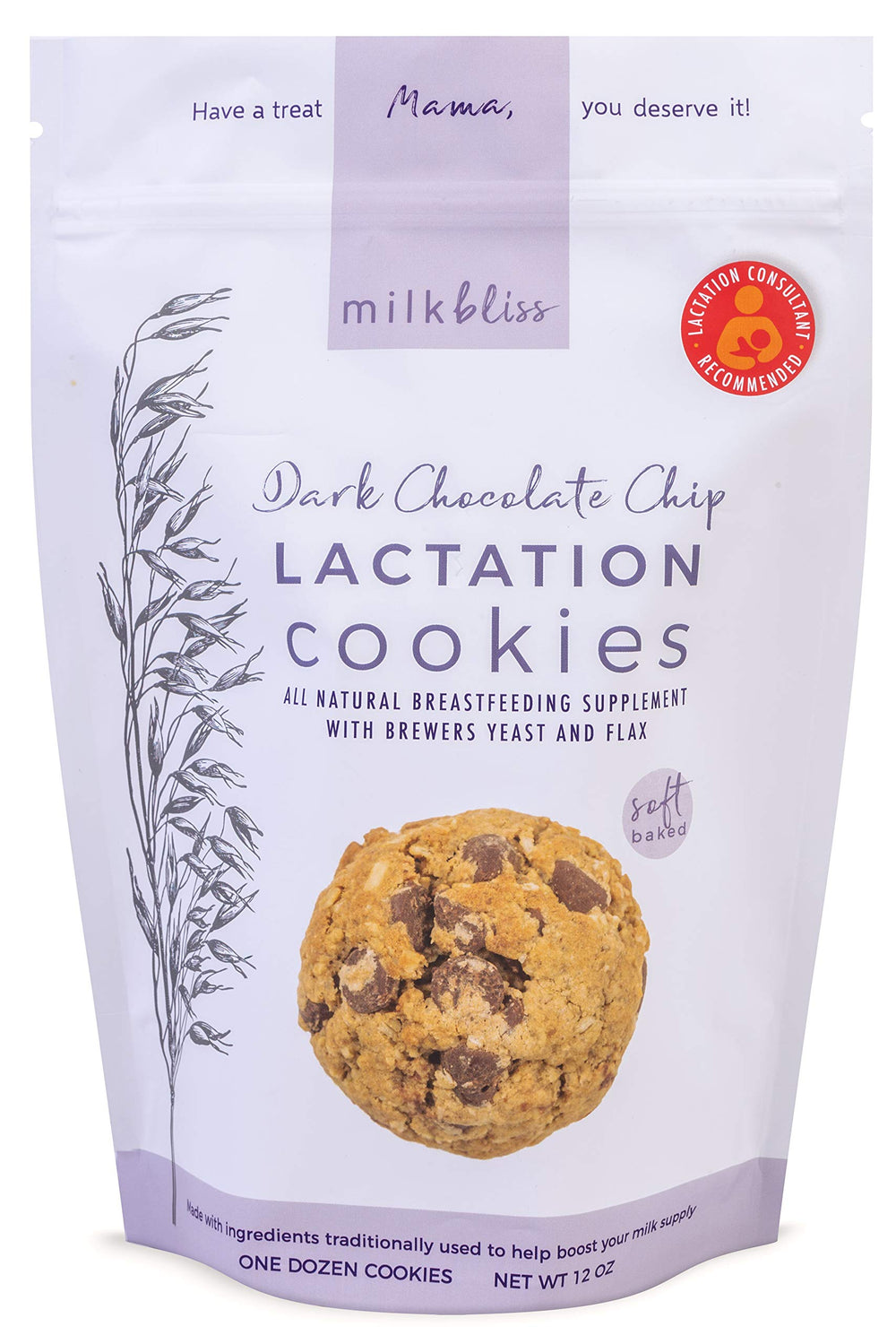 MilkBliss dark chocolate chip oatmeal cookies on a plate, breastfeeding-friendly snack.