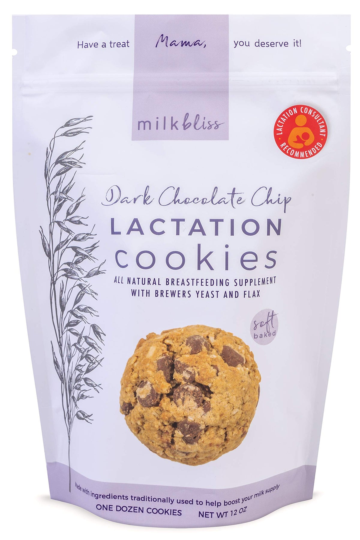 MilkBliss dark chocolate chip oatmeal cookies on a plate, breastfeeding-friendly snack.