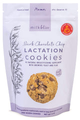 MilkBliss dark chocolate chip oatmeal cookies on a plate, breastfeeding-friendly snack.