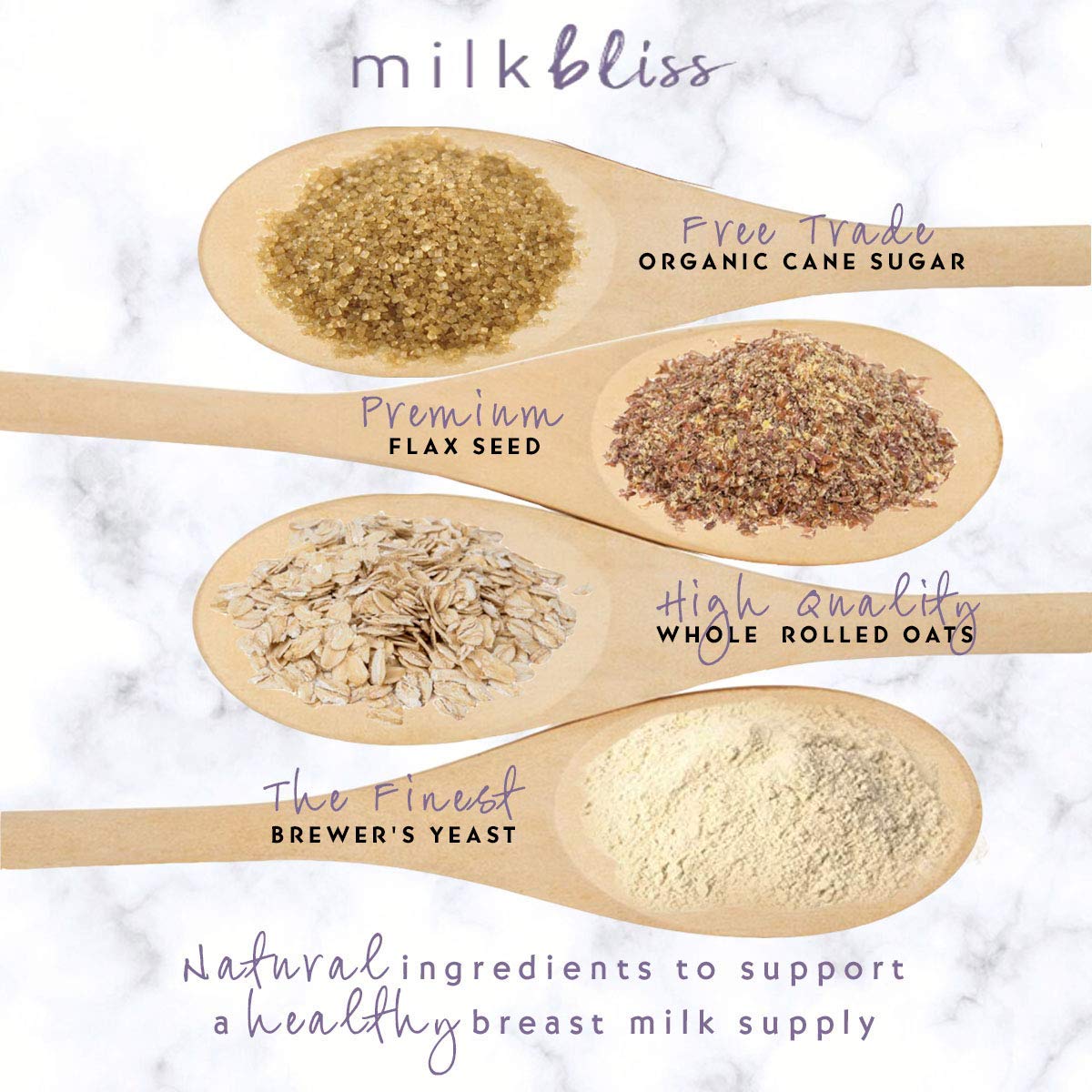 MilkBliss ingredients: oats, flaxseed, brewer’s yeast for wholesome snacking.
